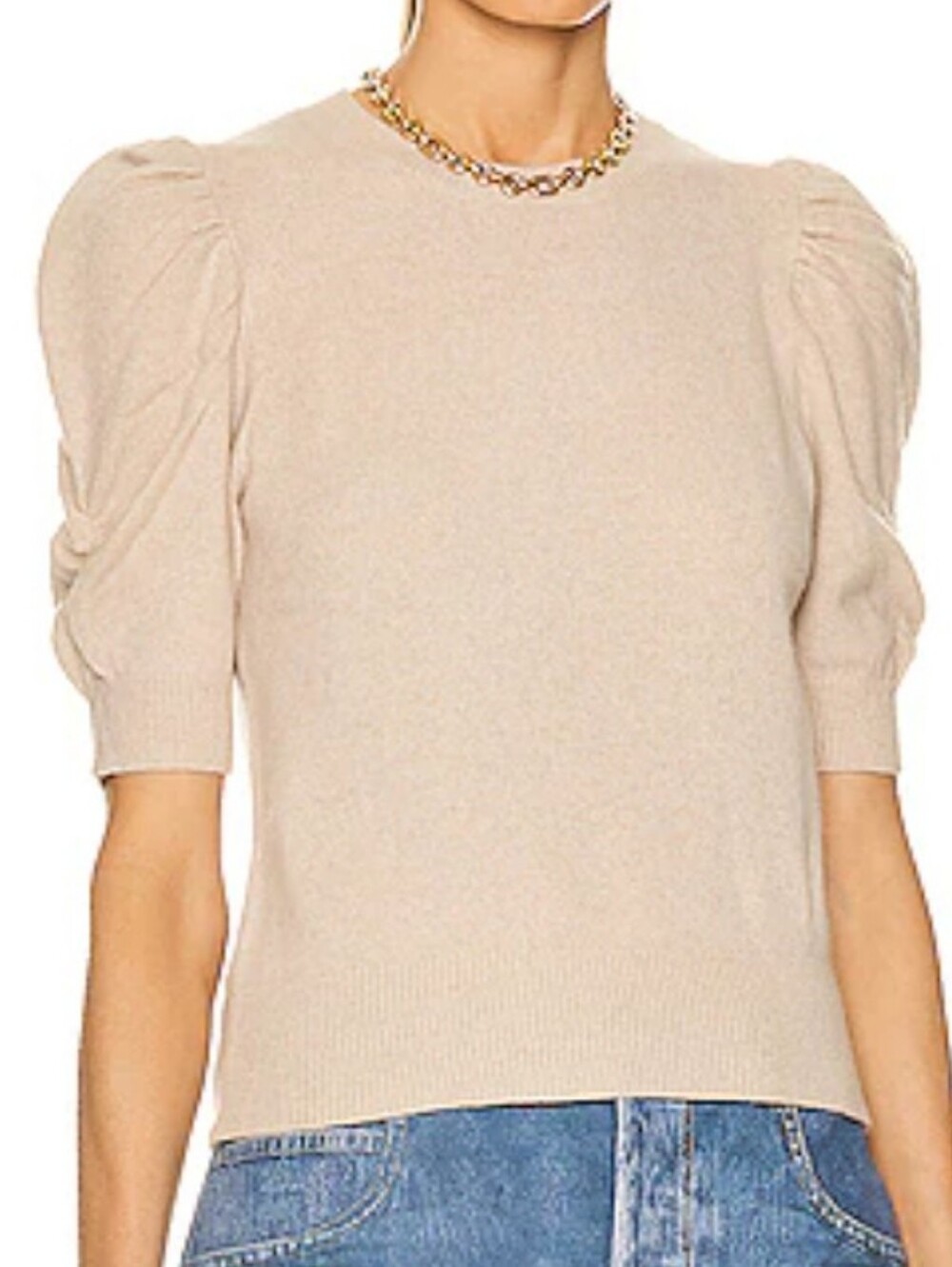 FRAME Frankie Cashmere Crewneck Shirred puff Sleeve Sweater In Tan Size S